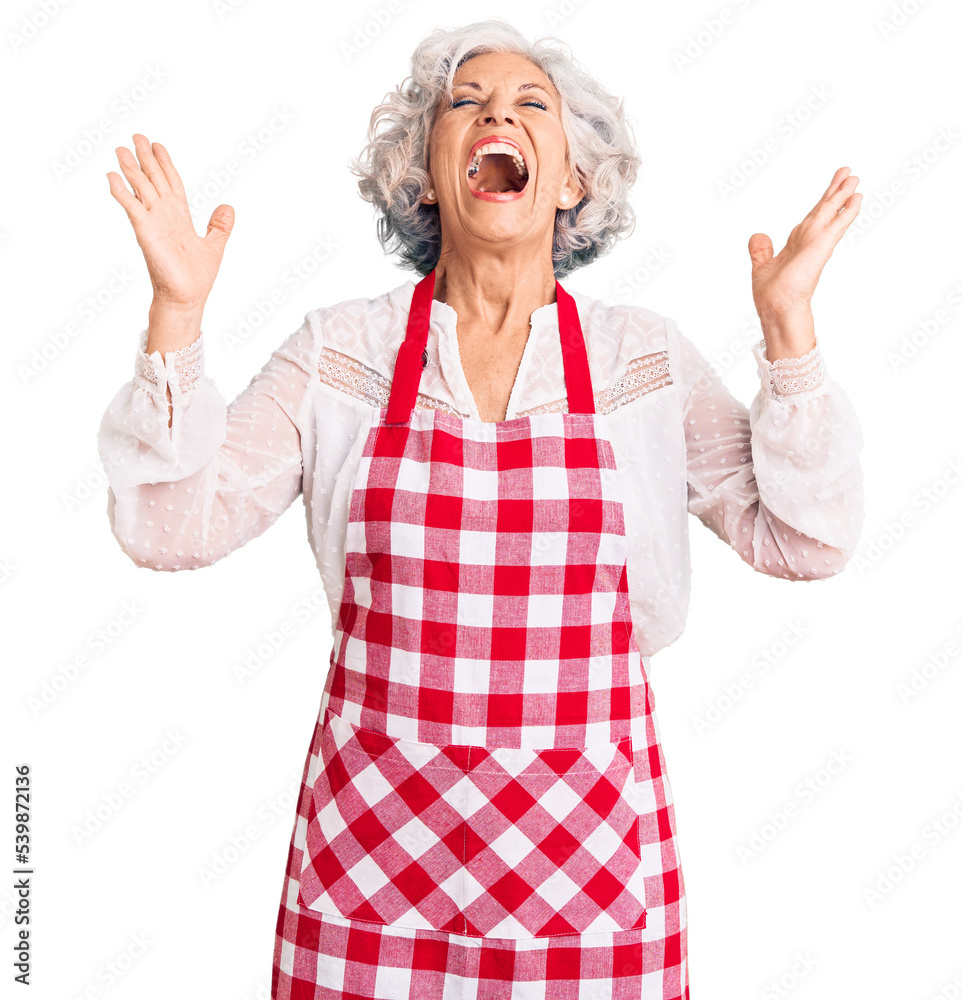 Senior grey-haired woman wearing apron celebrating mad and crazy for success with arms raised and closed eyes screaming excited. winner concept Senior grey-haired woman wearing apron celebrating mad and crazy for success with arms raised and closed eyes screaming excited. winner concept