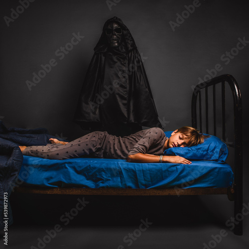 Scary Boogeyman Watches Child Boy Sleeping in Bed