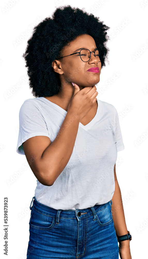 Young african american woman wearing casual white t shirt touching painful neck, sore throat for flu, clod and infection Young african american woman wearing casual white t shirt touching painful neck, sore throat for flu, clod and infection