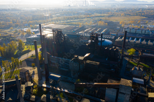 View from drone of old abandoned blast furnaces of Vitkovice Iron and Steel Works, Ostrava city, Czech Republic