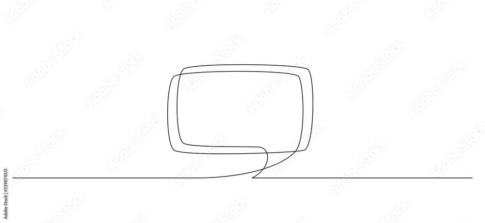 One continuous line drawing of Speech bubble square shaped. Chat cloud and thought dialogue symbol in simple linear style. Comic text comment concept in editable stroke. Doodle vector illustration