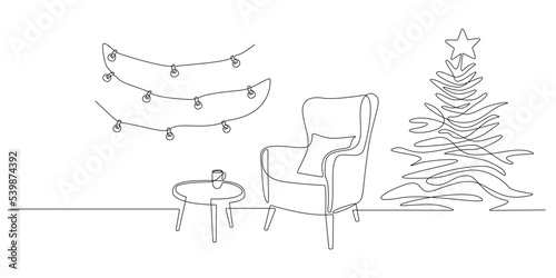 One continuous Line drawing of festive interior with armchair and christmas tree, table and garland. Modern cozy furniture for living room decor in simple linear style. Doodle vector illustration