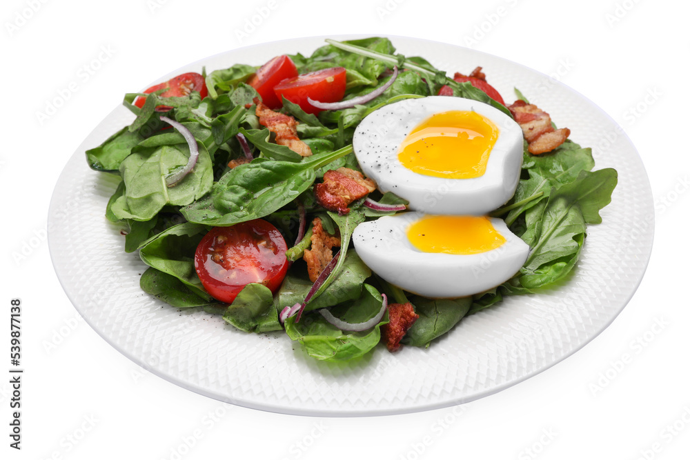 Delicious salad with boiled egg, bacon and tomatoes isolated on white Delicious salad with boiled egg, bacon and tomatoes isolated on white