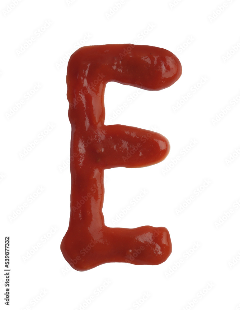 Letter E written with ketchup on white background Letter E written with ketchup on white background