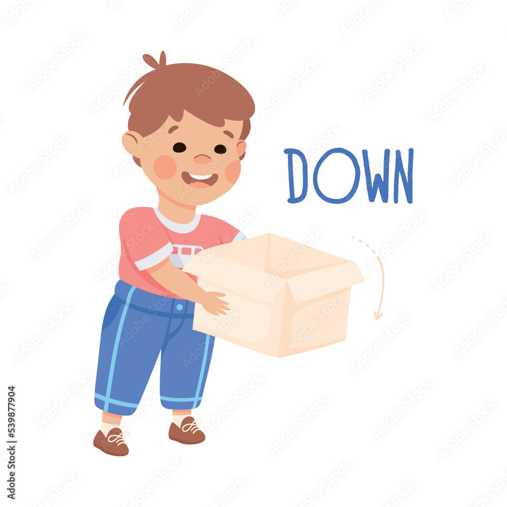 Little Boy Dropping Cardboard Box Down as Preposition Demonstration Vector Illustration Little Boy Dropping Cardboard Box Down as Preposition Demonstration Vector Illustration