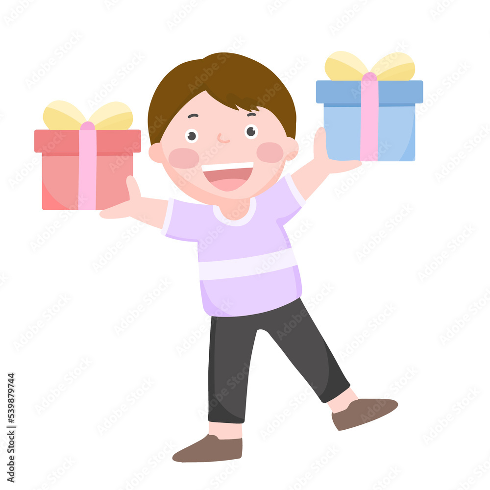Young boy get boxes of gift in birthday or new year, give present, give present
