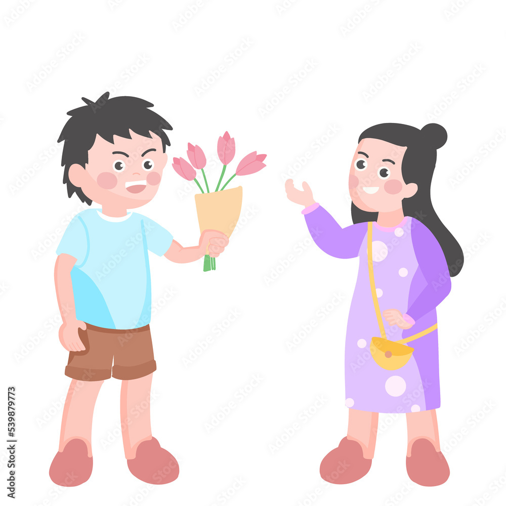 boy give flower to girl, give present boy give flower to girl, give present