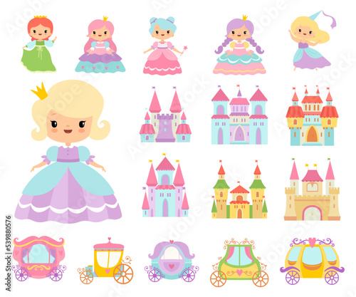 Princess in Pretty Dress with Crown, Castle and Royal Cinderella Carriage Big Vector Set