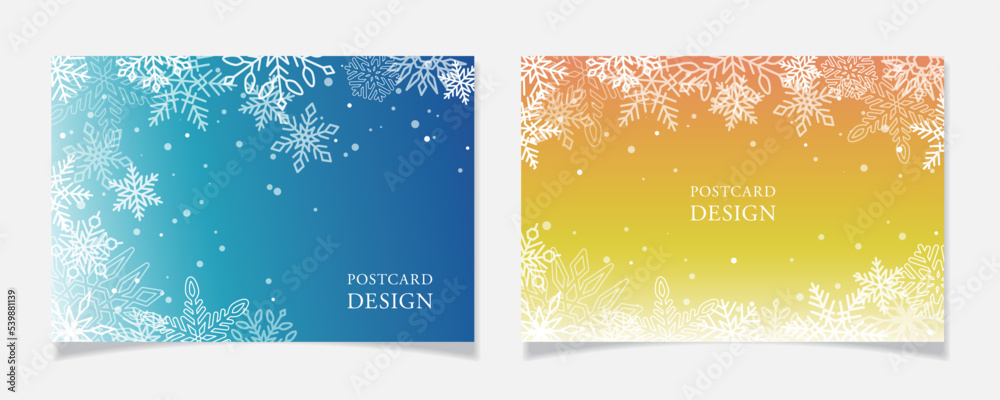 雪の結晶を散りばめたポストカードデザインA【ブルーとイエローのグラデーション】