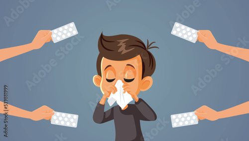 Sick Child Receiving Medication for Influenza Treatment Vector illustration. Allergic boy taking antihistaminic pills from pediatricians 
 photo