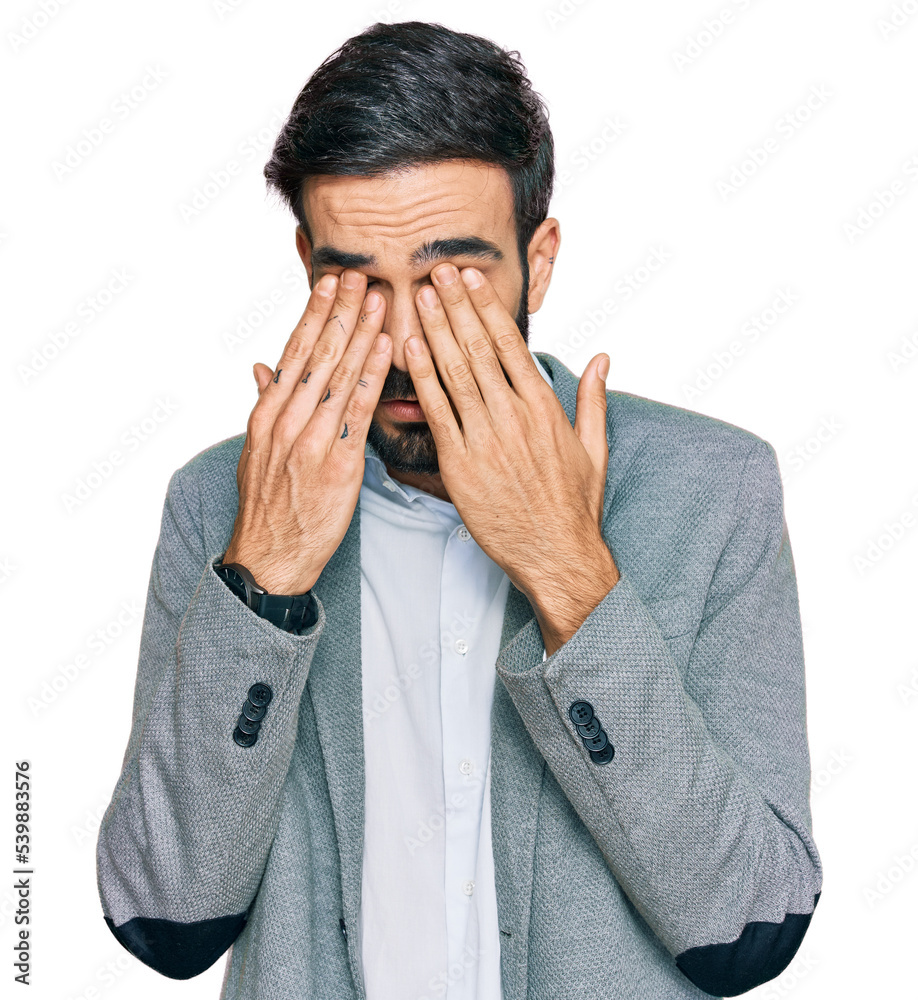 Young hispanic man wearing business clothes rubbing eyes for fatigue and headache, sleepy and tired expression. vision problem Young hispanic man wearing business clothes rubbing eyes for fatigue and headache, sleepy and tired expression. vision problem