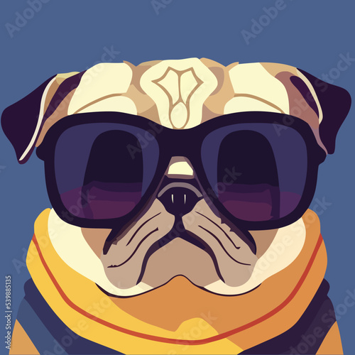 illustration Vector graphic of pug dog wearing sunglasses isolated good for icon, mascot, print, design element or customize your design © TheSpectrumizing