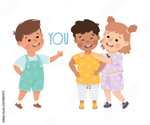English Subject Pronoun with Funny Boy and Girl Demonstrating You Word Vector Illustration