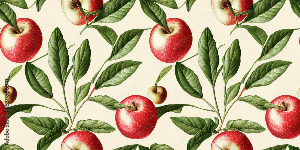© Viks_jin - Fruit pattern. Seamless pattern of apple and leaves. Vintage botanical 3d illustration.