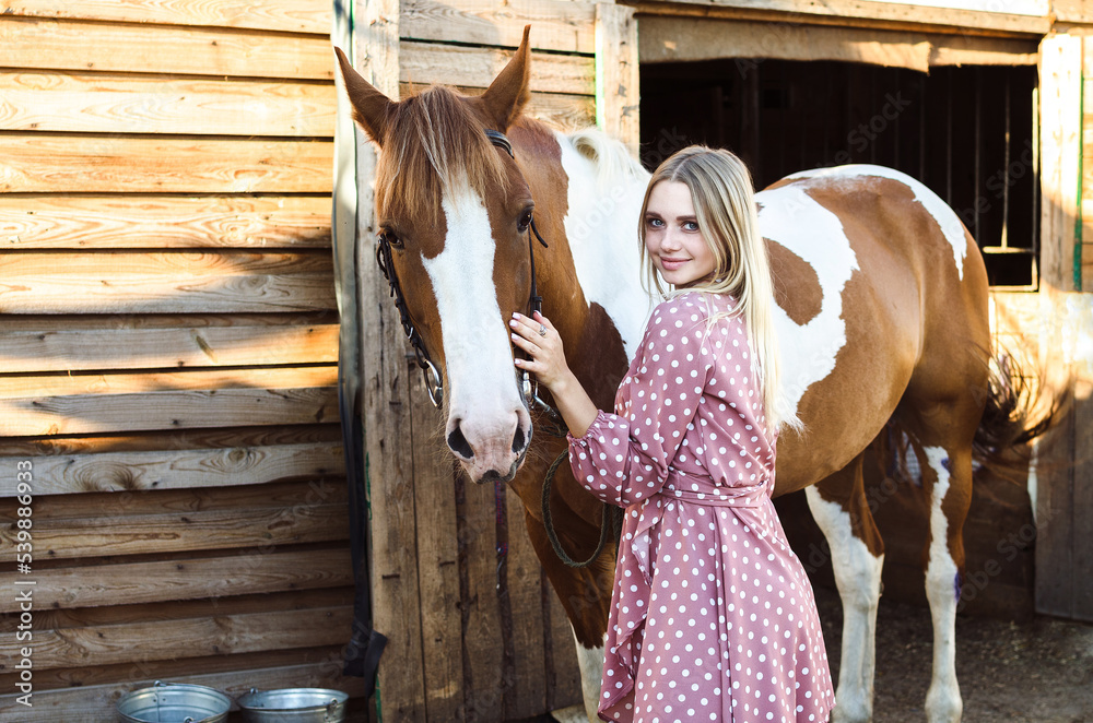 A young girl , woman hugs her horse in the stable