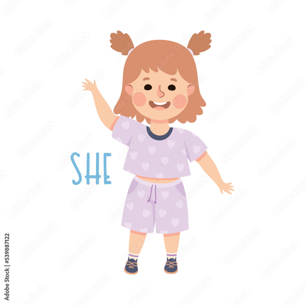 English Subject Pronoun with Funny Girl Demonstrating She Word Vector Illustration English Subject Pronoun with Funny Girl Demonstrating She Word Vector Illustration