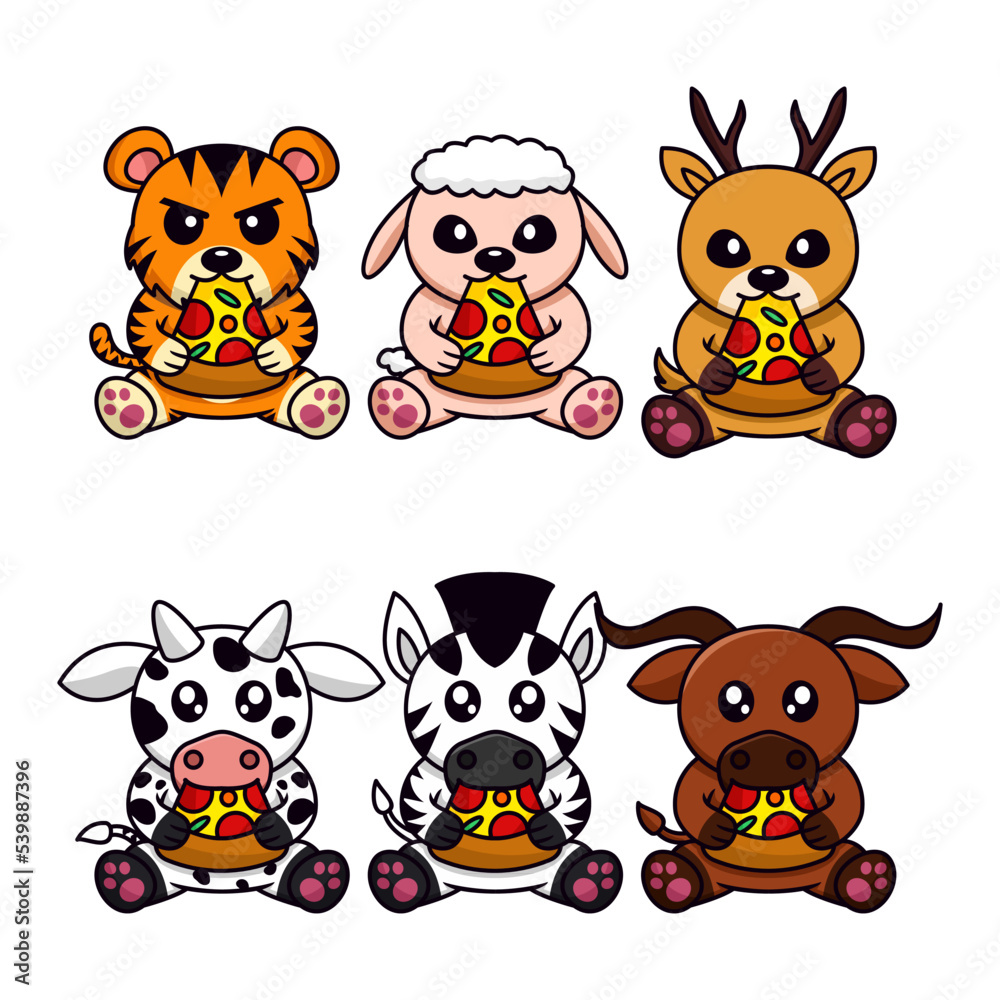 Fototapeta premium Bundle vector illustration of cute animals eating pizza