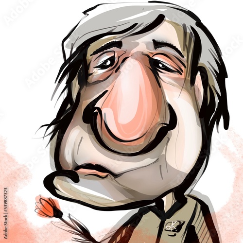 Comic cartoon of a old person with a big nose and flower 