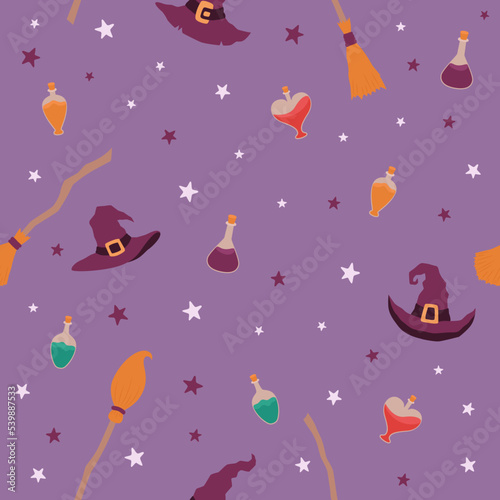 Brooms, hats and potions seamless pattern. Happy halloween. Halloween background
