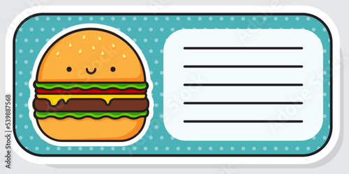 Notebook label. Cute burger. Baby stickers. Vector illustration