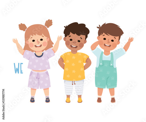 English Subject Pronoun with Funny Boy and Girl Demonstrating We Word Vector Illustration