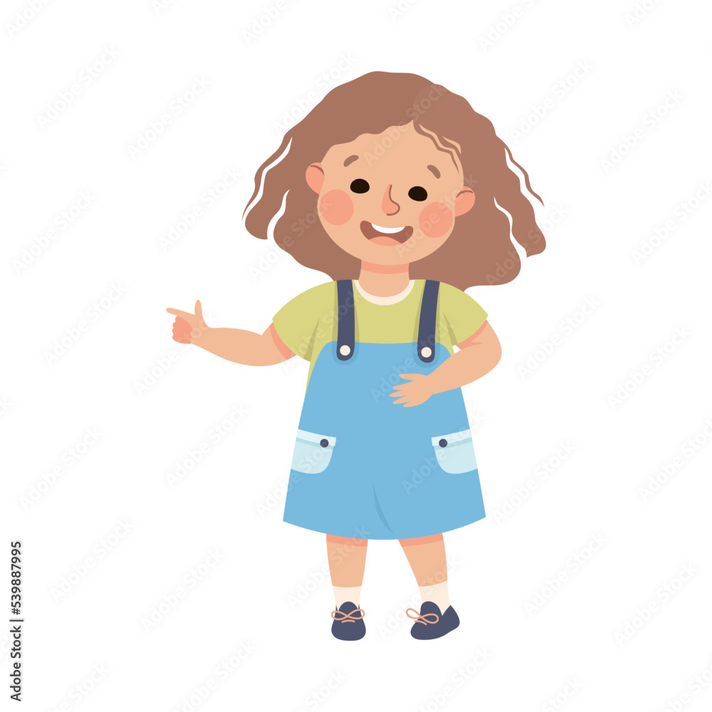 Little Smiling Girl Standing and Pointing with Index Finger Vector Illustration