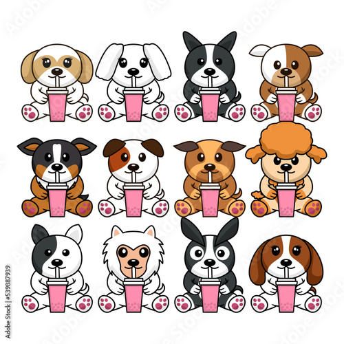 Bundle vector illustration of cute dogs drinking various kinds of boba