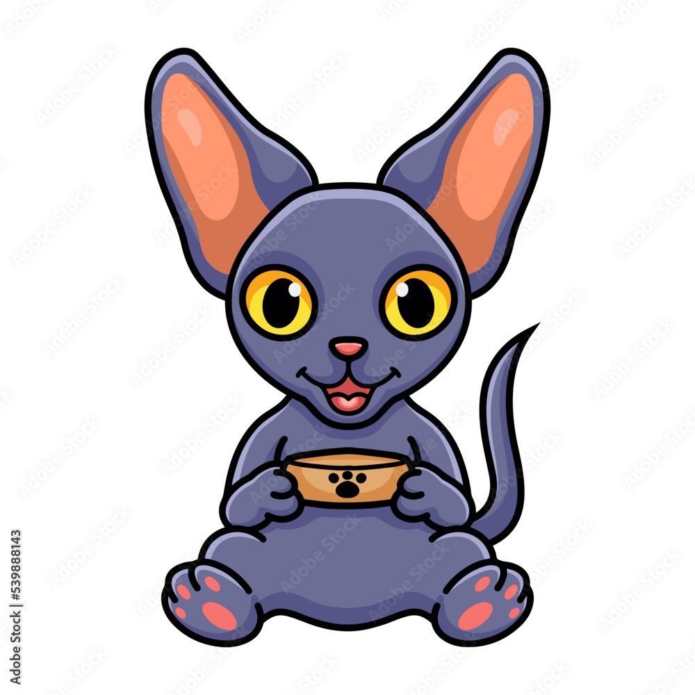 Cute peterbald cat cartoon holding food bowl Cute peterbald cat cartoon holding food bowl