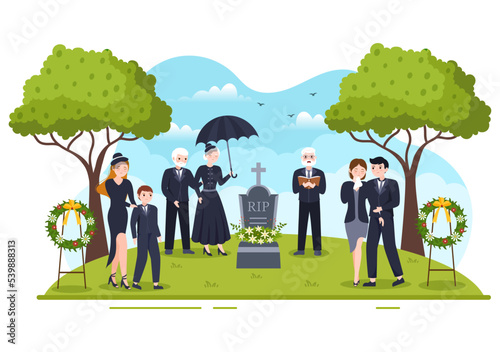 Funeral Ceremony in Grave of Sad People in Black Clothes Standing and Wreath Around Coffin in Flat Cartoon Hand Drawn Template Illustration