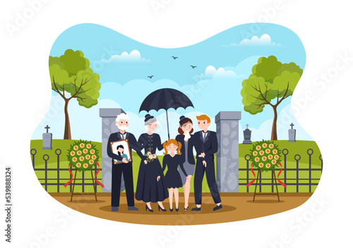 Funeral Ceremony in Grave of Sad People in Black Clothes Standing and Wreath Around Coffin in Flat Cartoon Hand Drawn Template Illustration