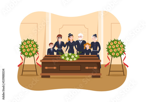 Funeral Ceremony in Grave of Sad People in Black Clothes Standing and Wreath Around Coffin in Flat Cartoon Hand Drawn Template Illustration