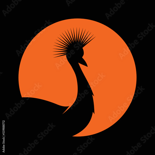 Black Silhouette of African Crowned Crane Bird.
