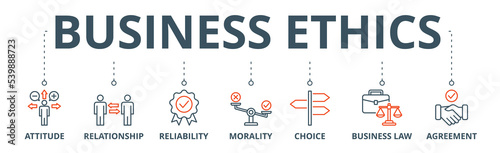 Business ethics banner web icon vector illustration concept with icon of attitude, relationship, reliability, morality, choice, business law and agreement