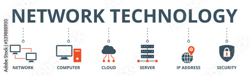Network technology banner web icon vector illustration concept with icon of network, computer, cloud, server, ip address and security