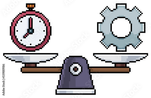 Pixel art scales with clock and gear vector icon for 8bit game on white background