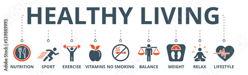 Healthy living banner web icon vector illustration concept with icon of nutrition, sport, exercise, vitamin, no smoking, balance, weight, relax and lifestyle