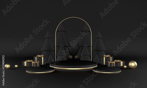 Christmas green theme product stage with tree and stars for promo or banner 3d illustration Premium Photo © Flatmotion