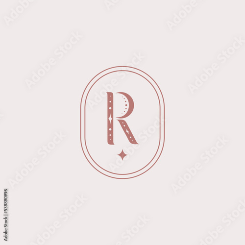 Vector elegant magic letter R. Logo for jewelry, bead ornaments. Magic symbol. Emblem for astrologers, tarot readers, coaches. Linear illustration. Stars, lines, geometric shapes.