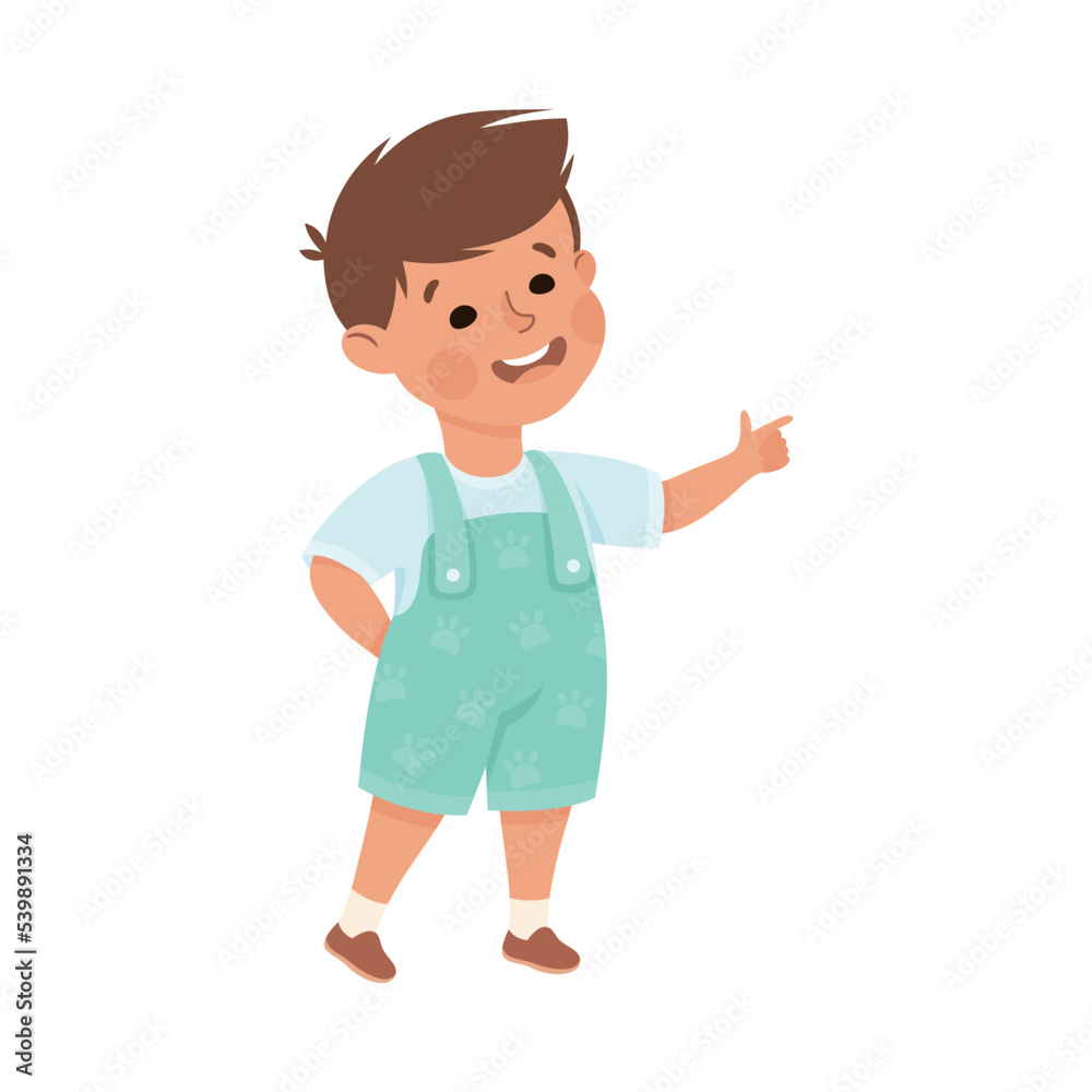Little Smiling Boy Standing and Pointing with Index Finger Vector Illustration Little Smiling Boy Standing and Pointing with Index Finger Vector Illustration