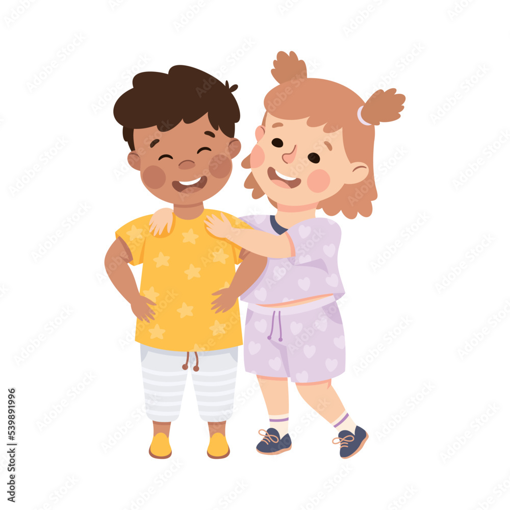 Little Smiling Boy and Girl Standing Together as Close Friends Vector Illustration Little Smiling Boy and Girl Standing Together as Close Friends Vector Illustration