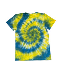 Bright yellow and blue tie dye T-shirt isolated on a white background.