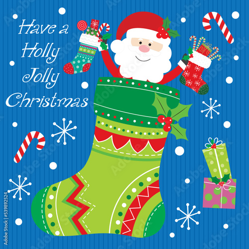 christmas card with santa and stocking