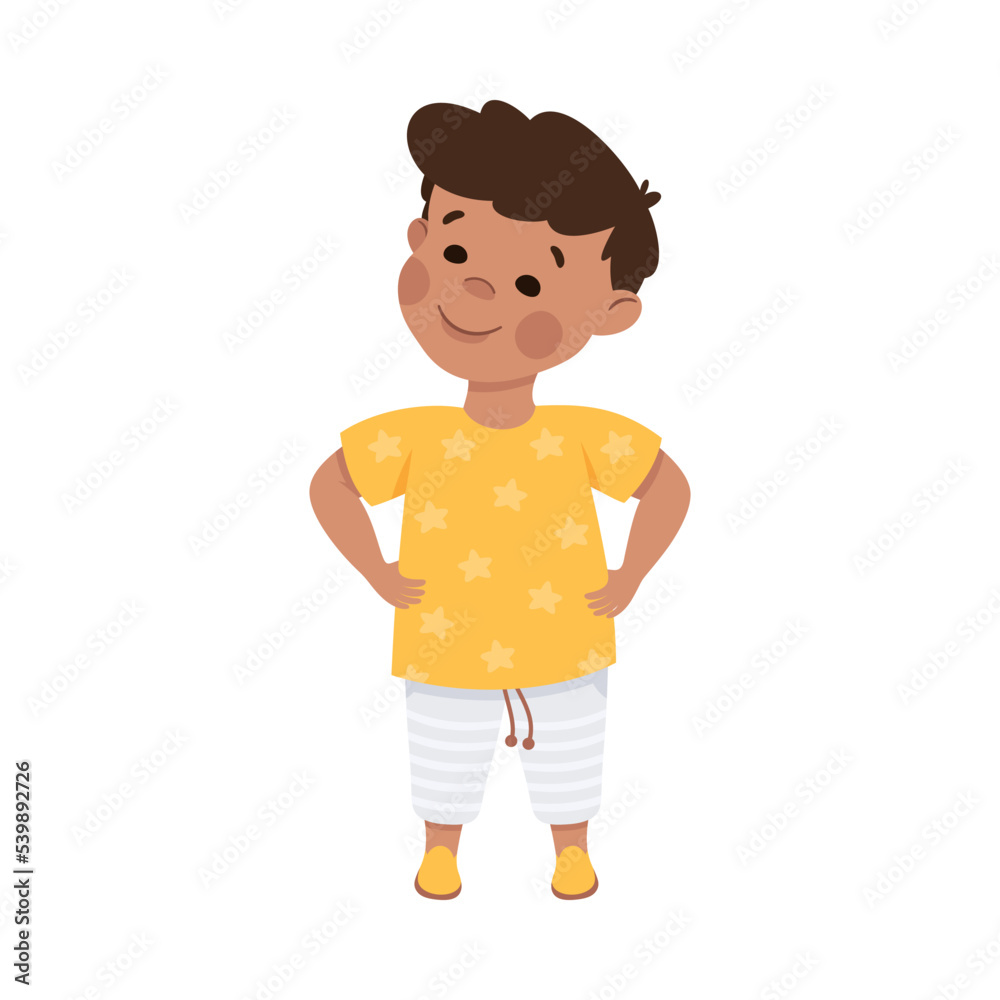 Little Smiling Boy Standing with Hands on Hips Vector Illustration