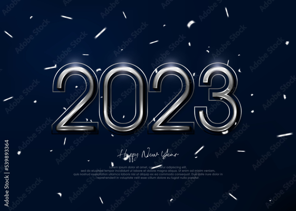 Silver metallic 3d modern new year, 2023 happy new year elegant banner poster.
