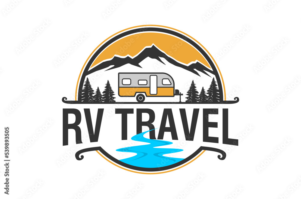Recreational Vehicle logo design holiday journey traveler river lake car trailer mountain outdoor