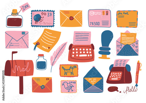 Post Object with Letter Envelope, Ink Jar with Quill and Postage Stamps as Postal Symbol Big Vector Set