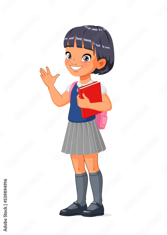 Asian school girl greeting. Cartoon vector illustration.