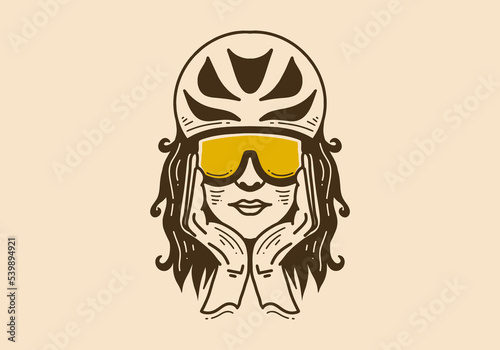 Vintage art illustration of a woman wearing bicycle helmet