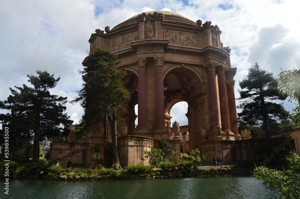 Central Pavilion at the Palace of Fine Arts with lake in the foreground. 
