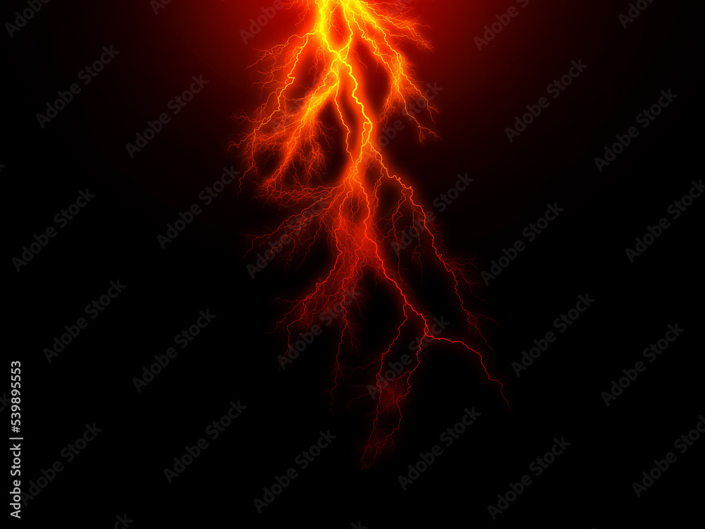Massive lightning bolt with branches isolated on black background. Branched lightning bolt. Electric bolt.